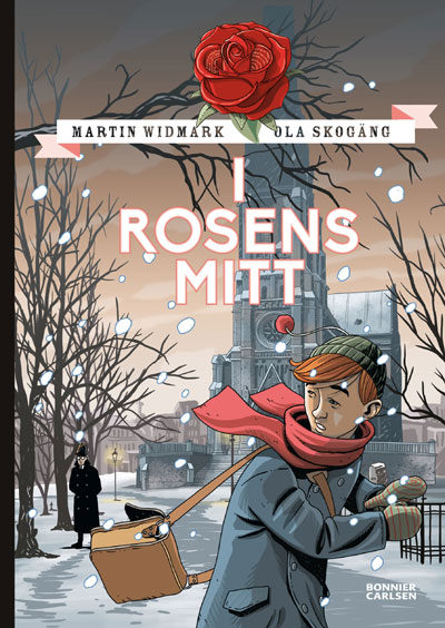 Stefan ser sig runt axeln i ett snöigt stockholm.