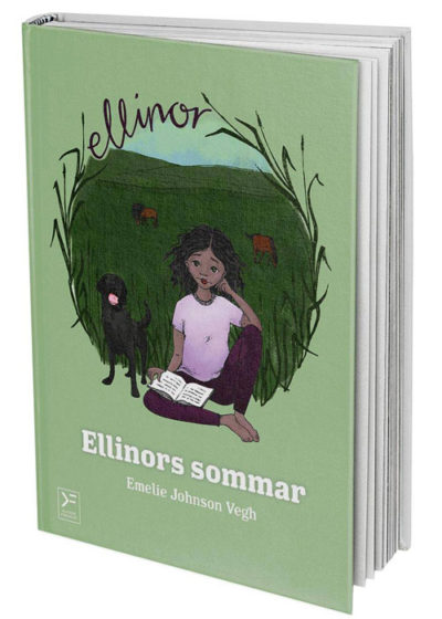 Bild av boken som står på högkant. Ellinor sitter på en äng med gräs med en bok uppslagen i knät. Bredvid står en liten hund med tungan som hänger ut.