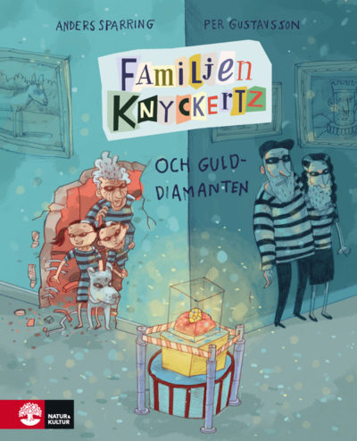 Bokomslaget är tecknat där det kikar ut två barn och en gammal tant ur ett hål i väggen. Runt hörnet står en kvinna och en man och gömmer sig. Alla har randiga kläder. Mitt framför dem alla är en glaslåda med en guldig diamant.
