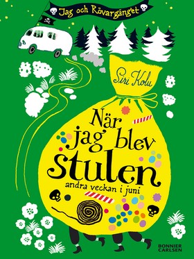 En gul pengasäck mot en grön bakgrund. Bakom pengasäcken finns en skog och en bil.